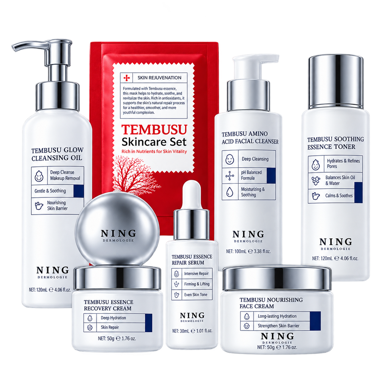 Kit Tembusu 8 Peças – Limpeza, Tônico, Sérum, Máscara e Hidratação