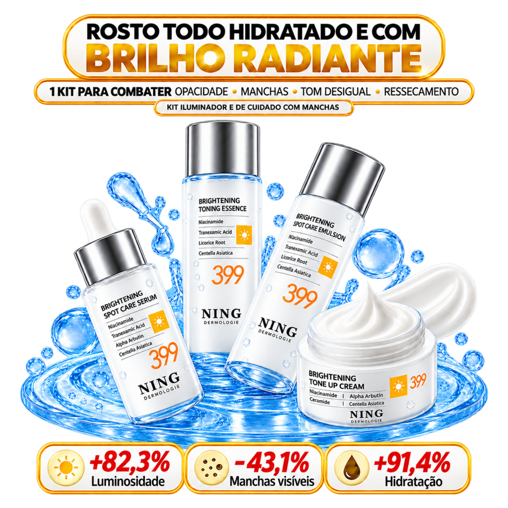 NING Kit Clareador Facial 4 Peças – Niacinamida, Ácido Hialurônico e Pro-Xylane