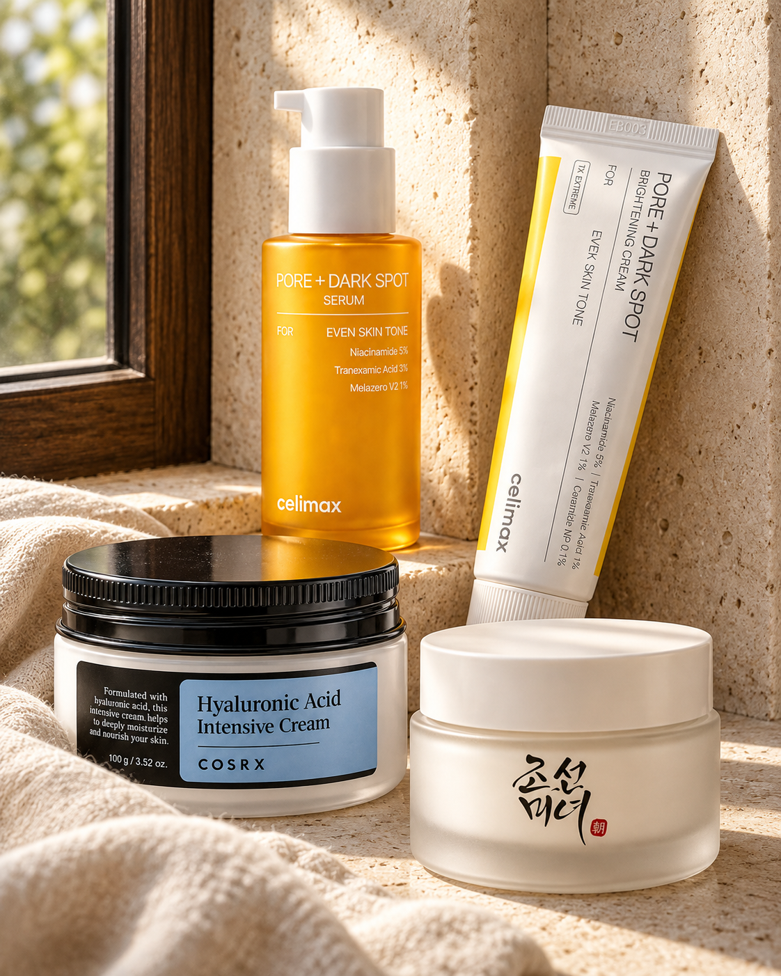 Produtos Celimax, COSRX e Beauty of Joseon em um cenário com pedra clara, linho e luz natural.